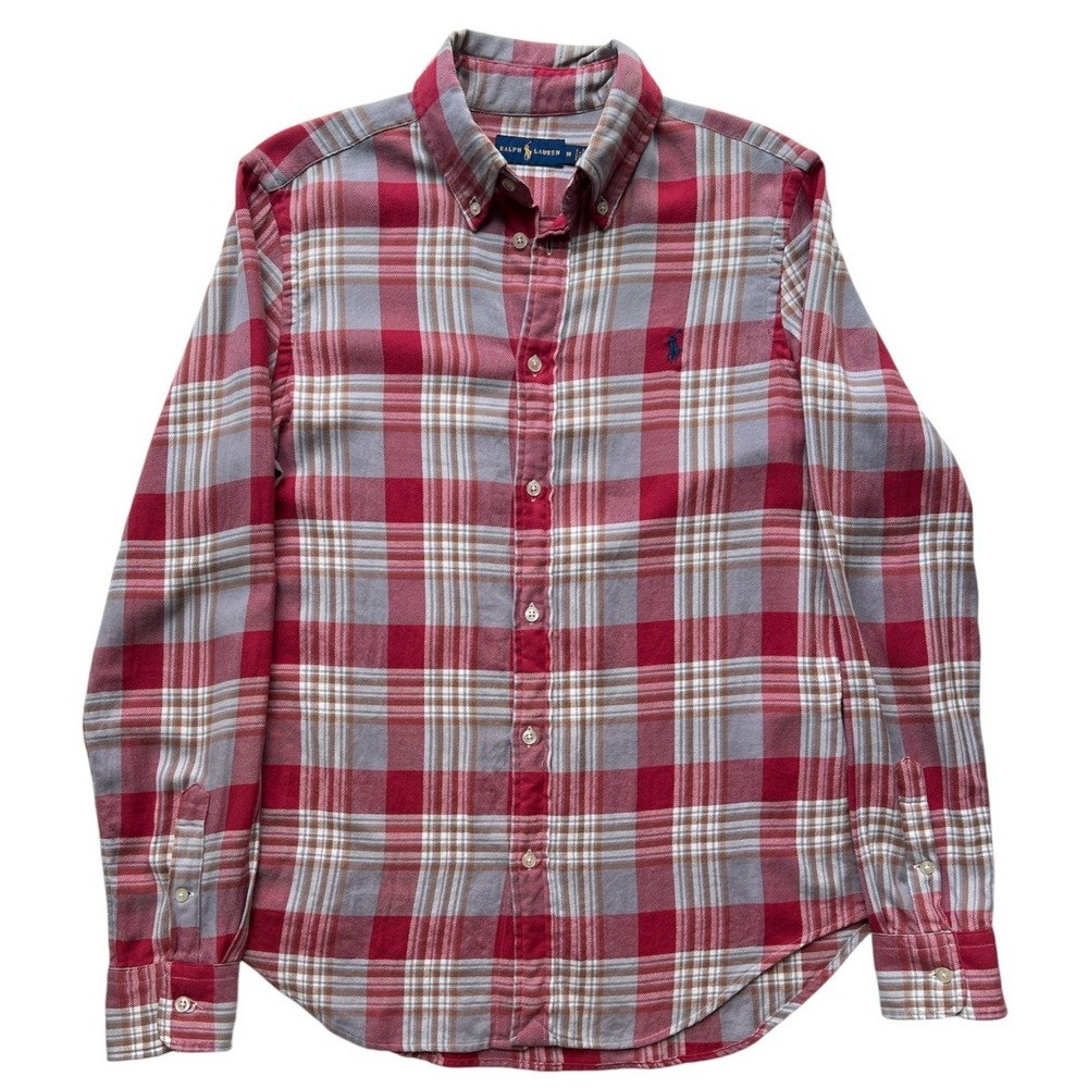 Polo Ralph Lauren Plaid Flannel Shirt Mens M Red Tan Gray Blue Pony Cotton RARE - Picture 2 of 10
